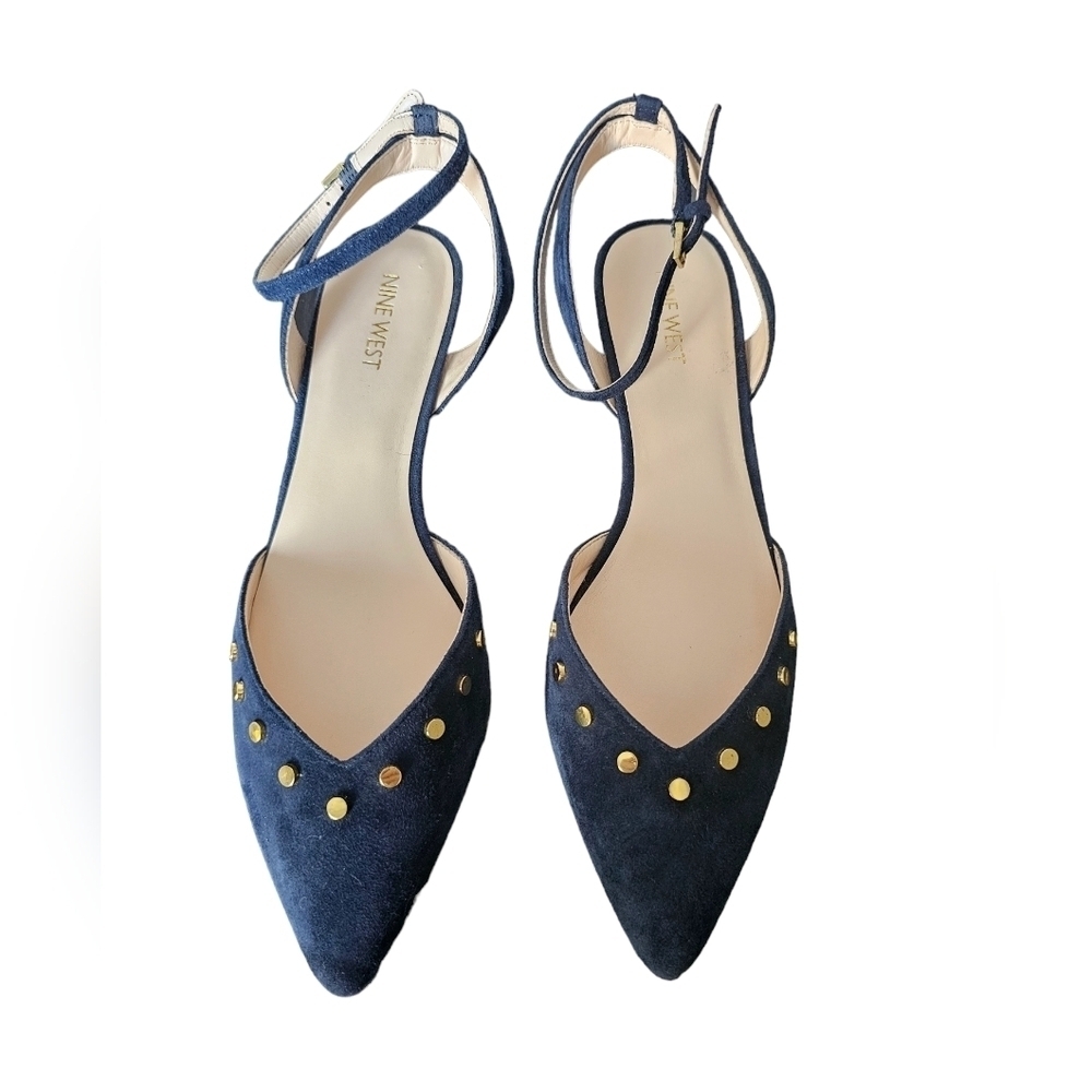Nine West Suede Neavy blue stud wedges ankle strap poited toe shoes slingback 39